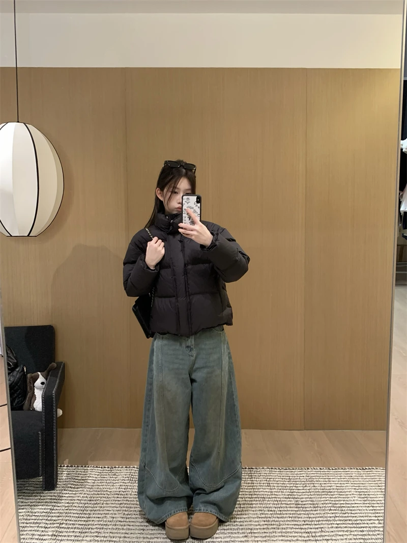 

New Year Rewarding White Du down Long Sve Loose Fit Stand Collar Bread Warmth Padded Jaet Ladies Faion Outerwear