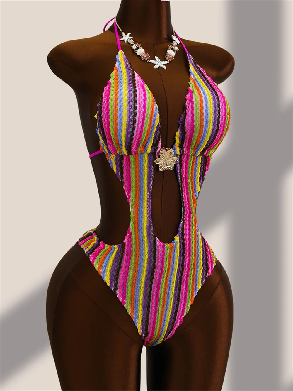 Rainbow Striped Swimsuit Crochet Beach Bikini Contrast Color Deep V Hollow Monokini Micro String Extrem Backless Swimwear Outfit