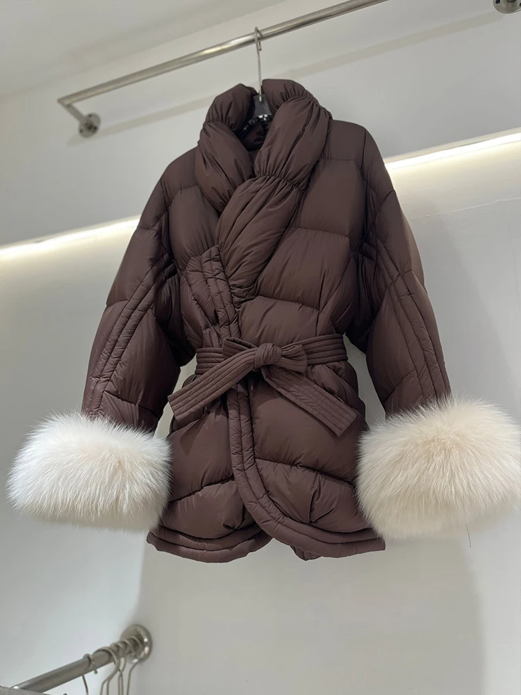 2024 Fashion Winter Women Coats Filling White Goose Down With Natural Real Fox Fur Cuffs Luxury Thick Warm Jacket