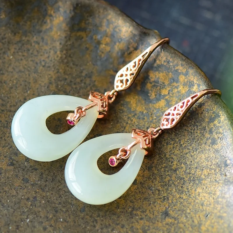 SGARIT Authentic Jadeite Hetian Jade S925 Silver 13*33mm Waterdrop Dynamic Hollow Hook Earrings Unique Design Generous Versatile