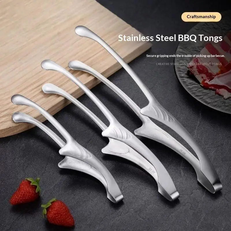 Stainless Steel Grill Tongs Korean And Japanese BBQ Tongs Non Slip Food Tongs Kitchen Self-Standing Tongs