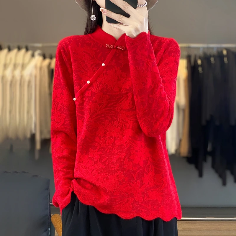 New pearl button Chinese style high temperament pullover autumn and winter Blouse women's standing collar solid color top