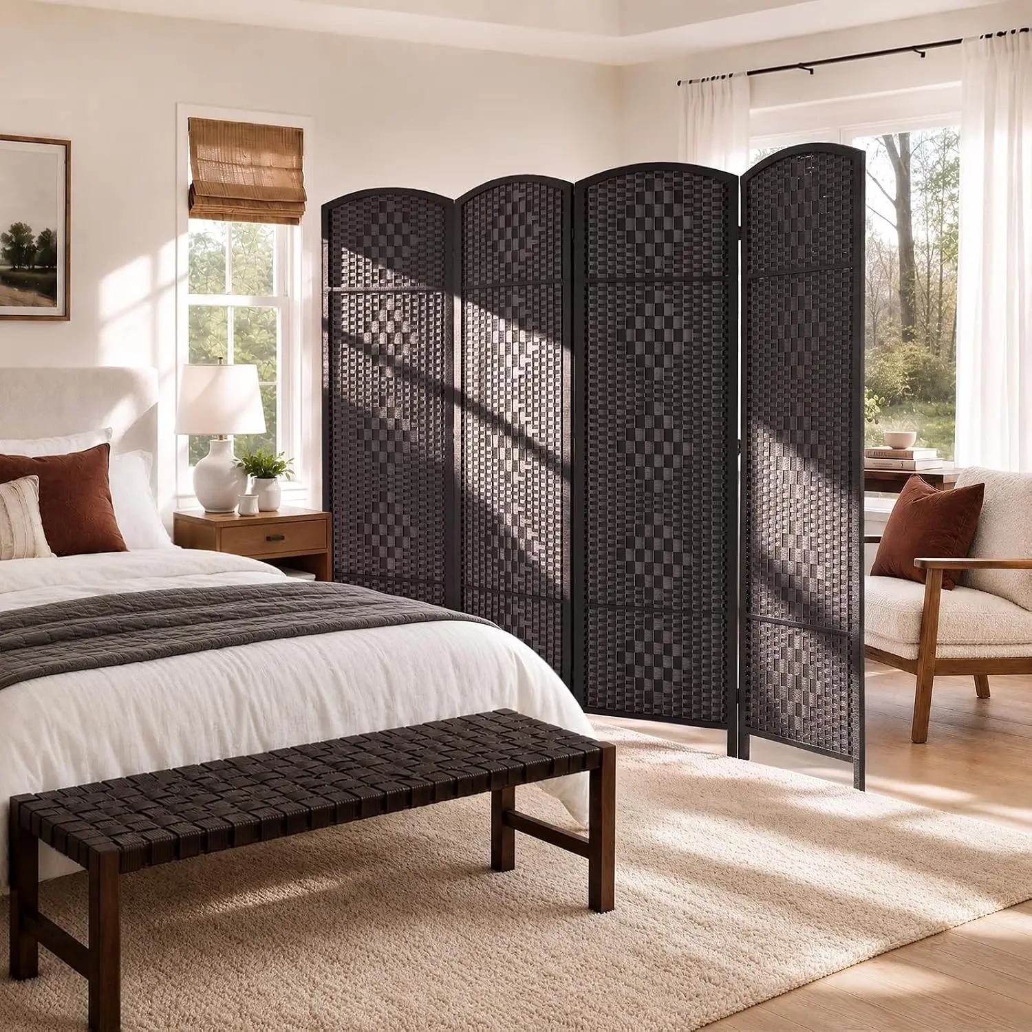 Room Divider, 4 Panel Partition Room Dividers Wall, Mocha Brown, Customized