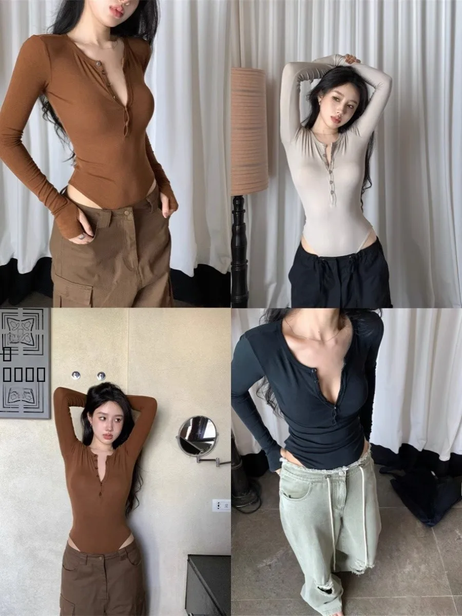 Camiseta Larga de Punto Estilo Americano Retro para Mujer, Sexy, Elástica, Ajustada, de una Sola Pieza, Color Puro, para Otoño