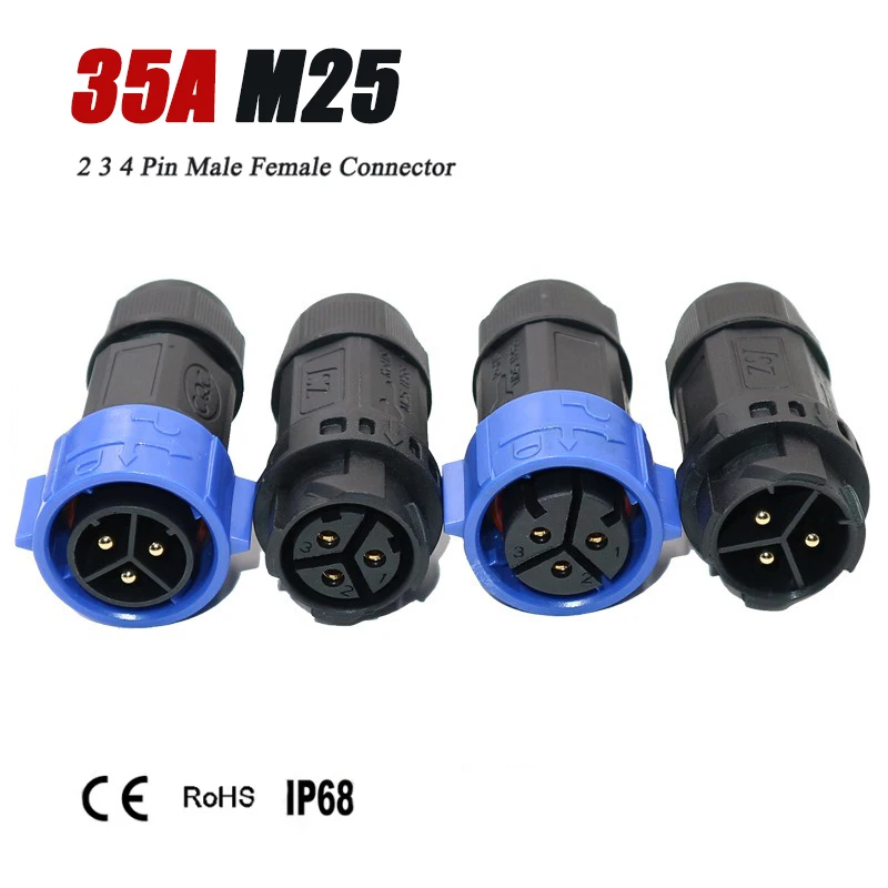 35A Waterproof M25 2 3 4 Pin Cable Connector IP67 Male Female Soldering/Screw Wire Self-locking Quick Plug CE TUV Certified