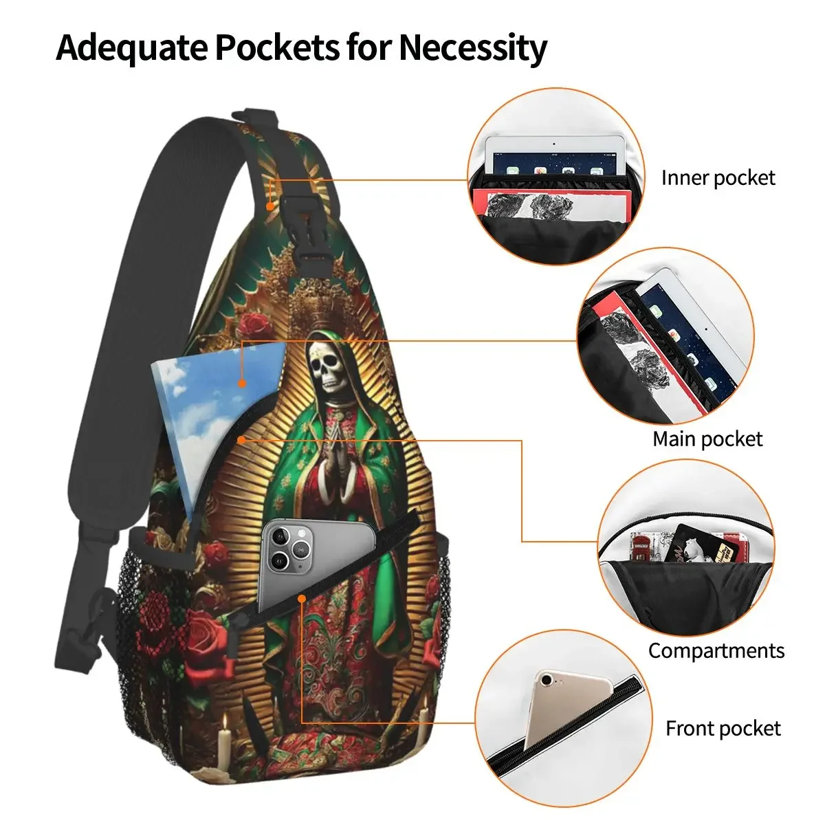 Santa Muerte Spanish Chest Bag Men Sling Crossbody Backpack Chest Bag Traveling Hiking Daypack Shoulder Bag