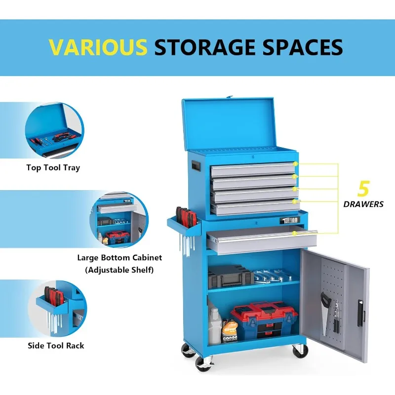 خزانة أدوات دوارة مكونة من 5 أدراج، وخزانة تخزين الأدوات مع أدراج، وعجلات قابلة للقفل، وعلوي قابل للفصل ورف قابل للتعديل