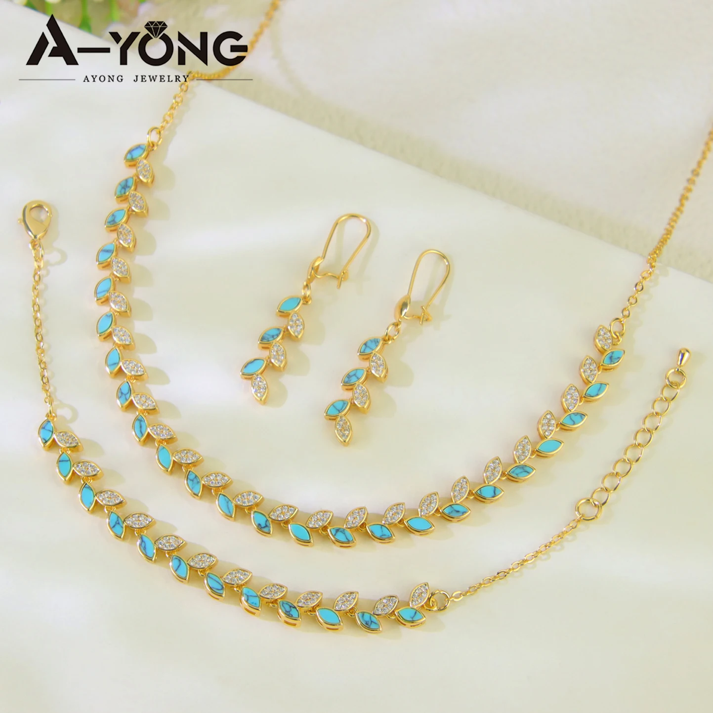 Luxuriöses italienisches Zirkonia-Schmuckset, 21 Karat vergoldet, Dubai-Quaste, Blatt-Türkis-Halskette, brasilianischer Hochzeits-Party-Schmuck – Detail 11