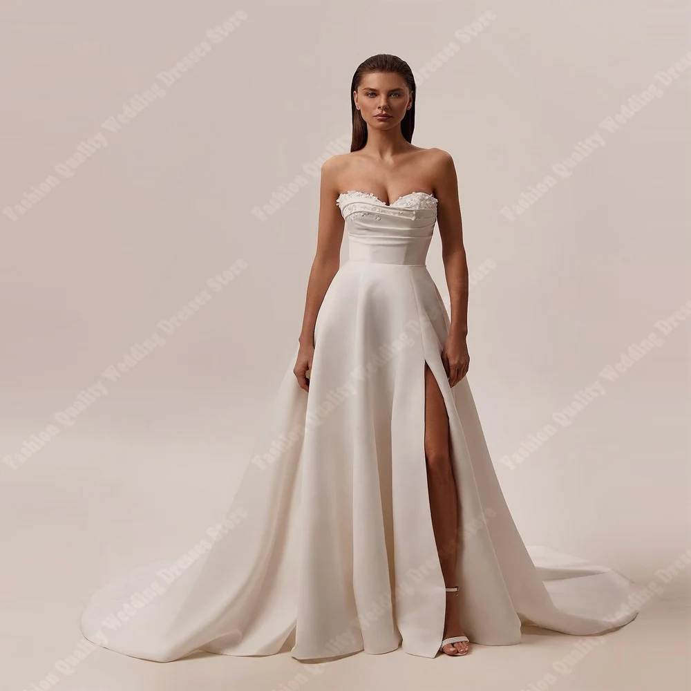 

Sweetheart Collar Sleeveless Women Wedding Dresses A-Line Satin Bridal Gowns Mopping Length Celebrity Banquet Vestido De Novias