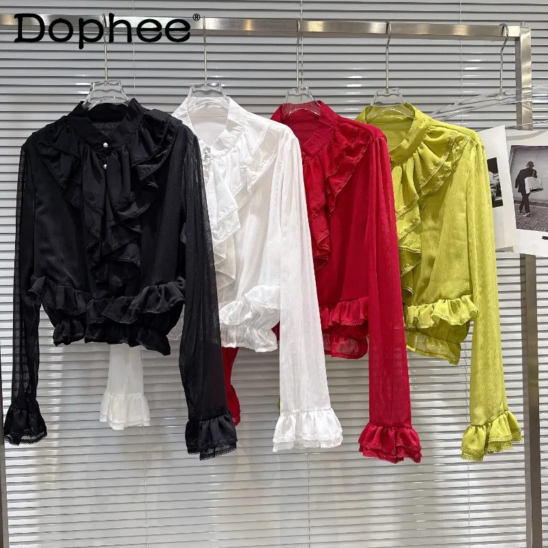 

2026 Spring New Elegant Lady Ruffled Lace Collar Chiffon Blouse Sweet Cute Daily Girl Commute Versatile Top
