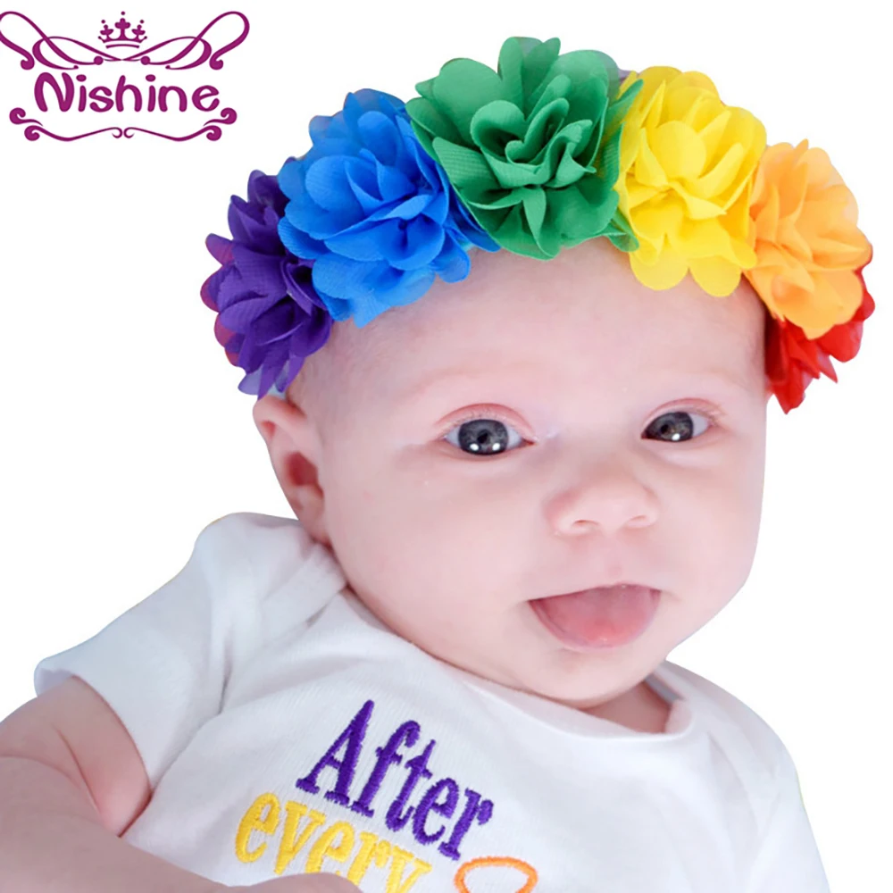 Nishine Mini Chiffon Flower Newborn Kids Girls Toddler Headband Elastic Rainbow Colorful Handmade Floral Children Headwear