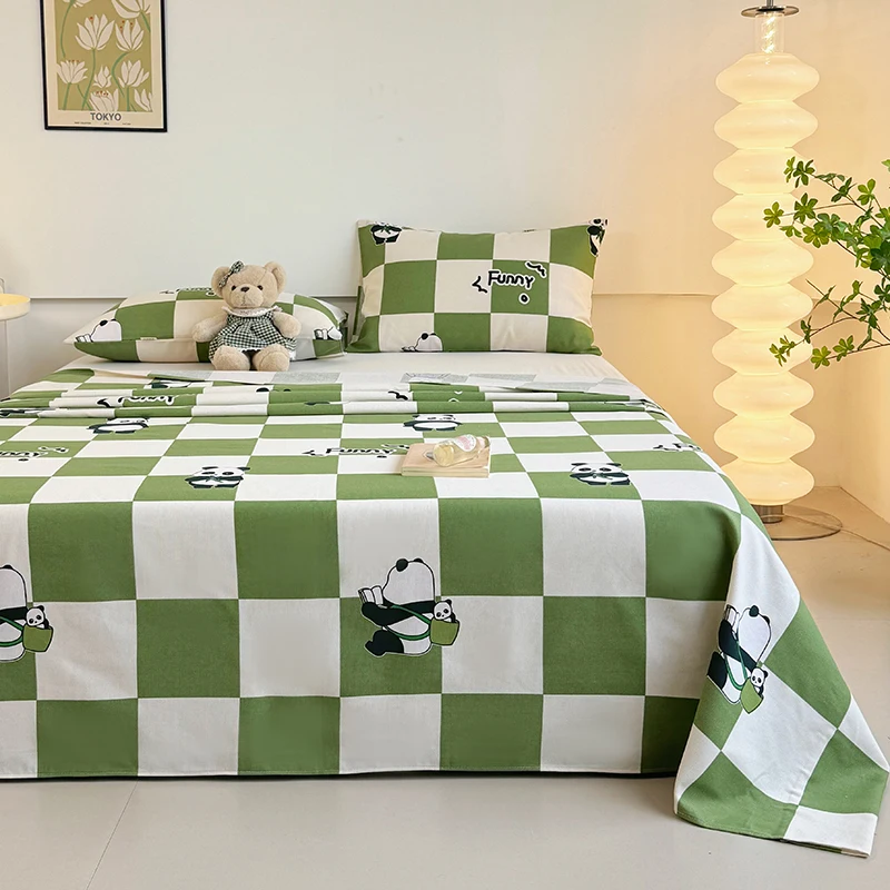 Cartoon Panda Flat Sheet White Green Grid Geometric Bed Sheet Lovely Animal Bedding Sheet Cotton Soft Sheets with 2 Pillowcases