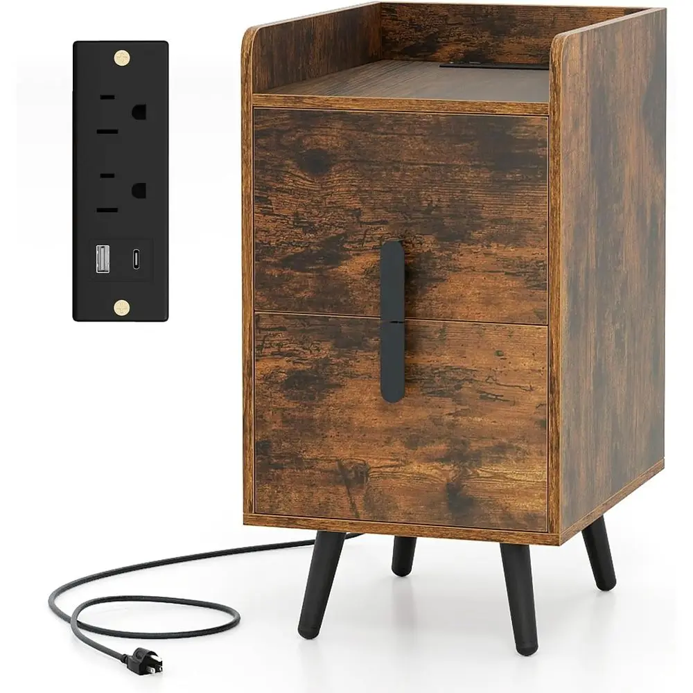 

Прикроватная тумбочка в стиле Mid-Century Modern, узкая тумбочка, минималистичный приставной столик для спальни, прикроватная тумбочка с 2 ящиками (орех, 9,84 дюйма)