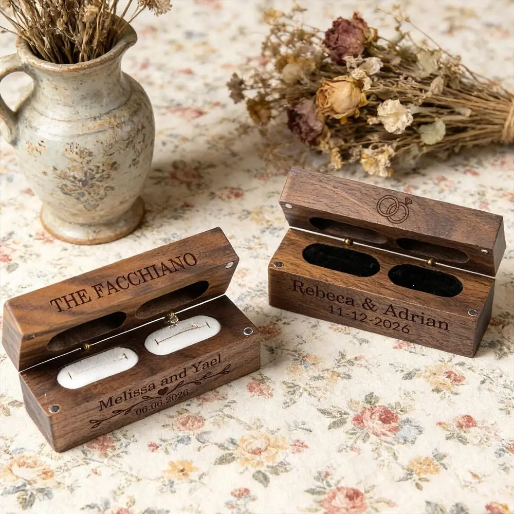 Custom Engraved Wooden Wedding Ring Box Personalized Double Ring Bearer Box Rustic Wedding Ceremony Ring Holder