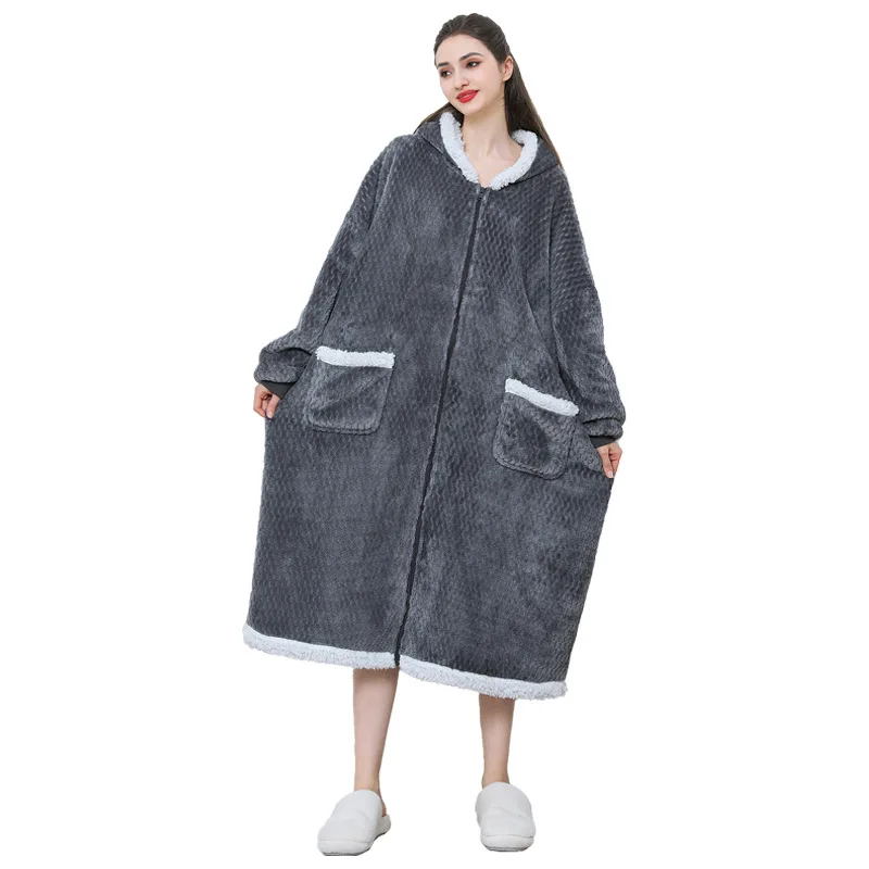 Boluoge Pullover Hooded Lazy Suit Gray Hooded Nightgown Loose Women\'s Large Pajamas Autumn and Winter Flannel Bathrobe