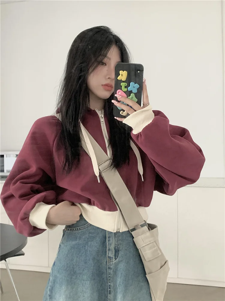 Drawstring Vintage Women Hoody 2024 Spring Zipper Contrast Color Patchwork Jacket Loose Casual Long Sleeve Arajuku Fashion Tops