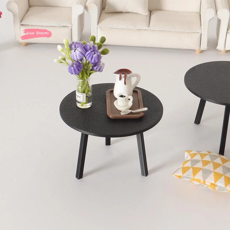 Mini Black round Table Model 1/12 Scale Dollhouse Furniture Living Room Decor Dolls House Pretend Play Toy for Collectors