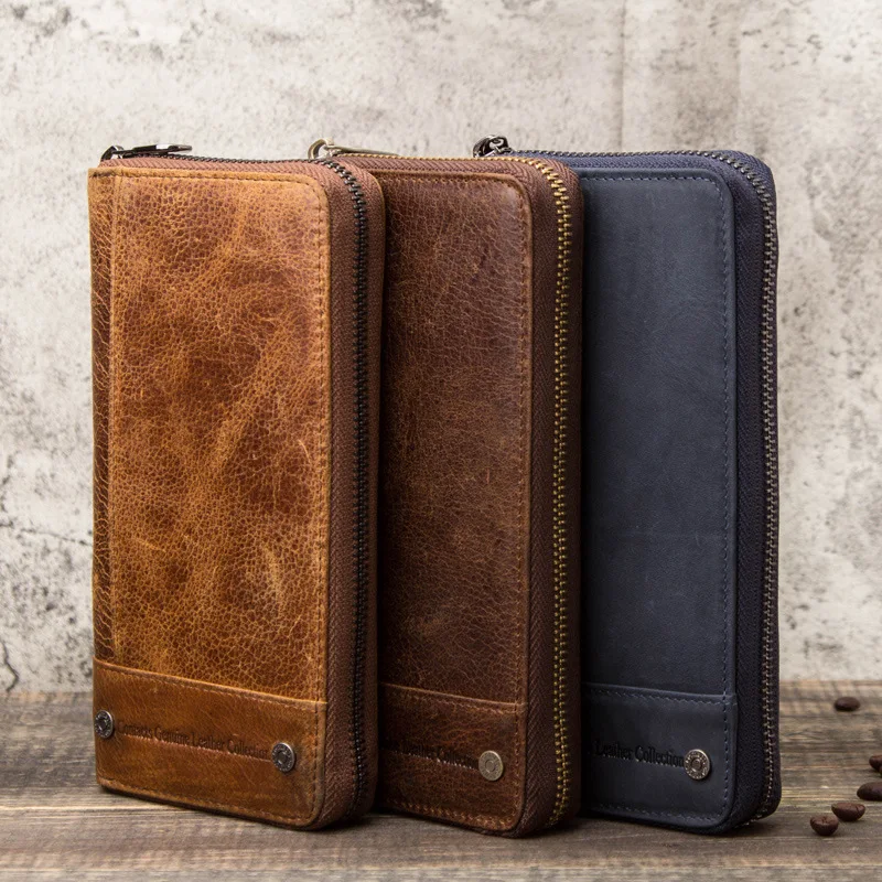 HTS-M1289 Retro Crazy Horse Leather RFID Anti Theft Brush Men's Wallet Long Multi Functional Leather Zipper Bag