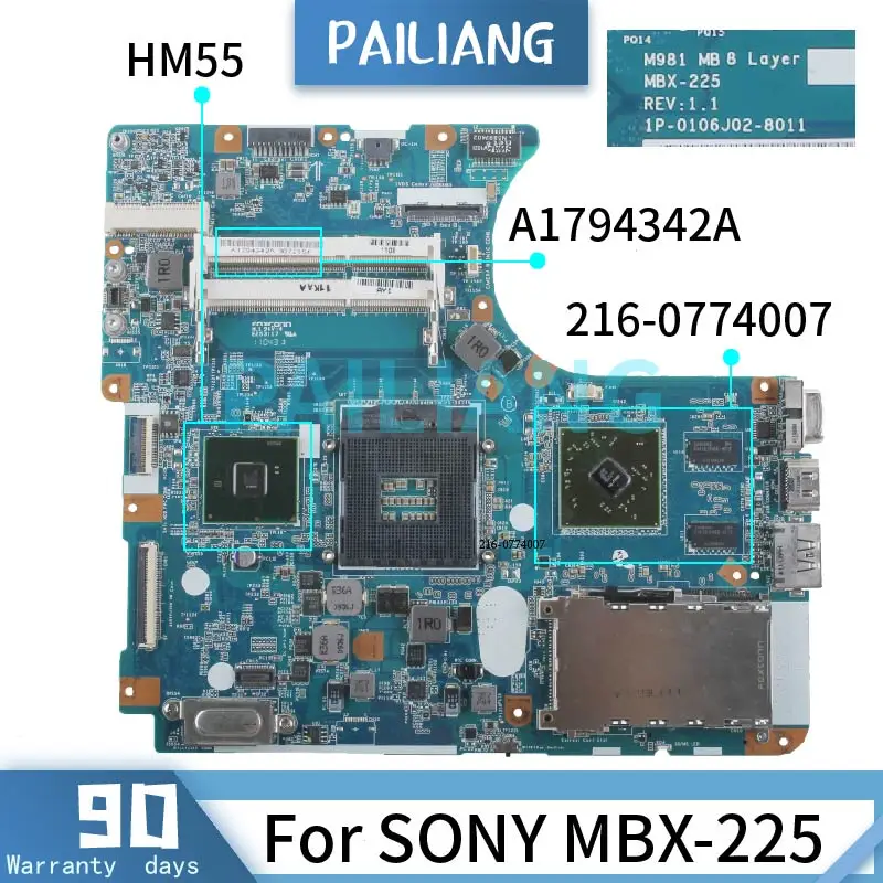 

PAILIANG Laptop Motherboard For SONY MBX-225 Mainboard A1794342A 1P-0106J02-8011 216-0774007 HM55 DDR3 tesed