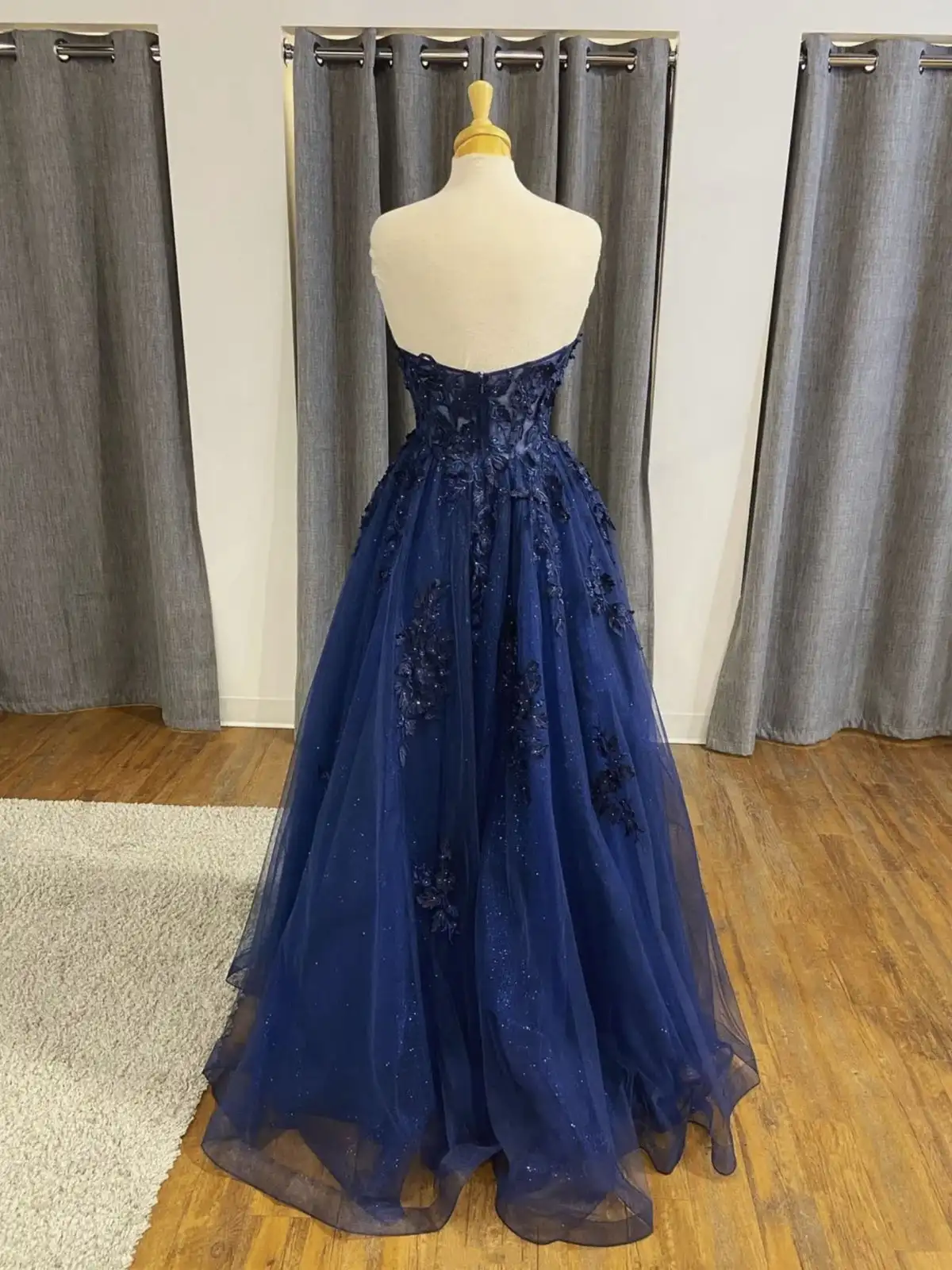 Navy Blue Evening Dresses Tulle Lace Applique Rhoenstone Strapless Sweetheart A Line Long Floor Length Prom Gowns Custom made