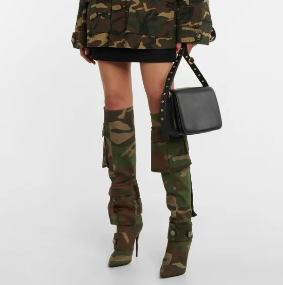 Pointed Toe Camouflage Patchwork Pants Pocket Buckle Decoration Over the Knee Boots Back Zip Mixed Color High Heel Shoes