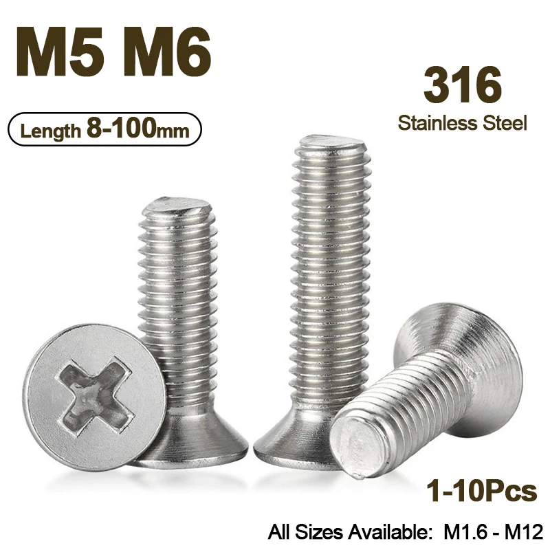 1/5/10Pcs 316 Stainless Steel Phillips Cross Recessed Countersunk Flat Head Machine Screws Bolts M5‑M6 Length 8‑100mm