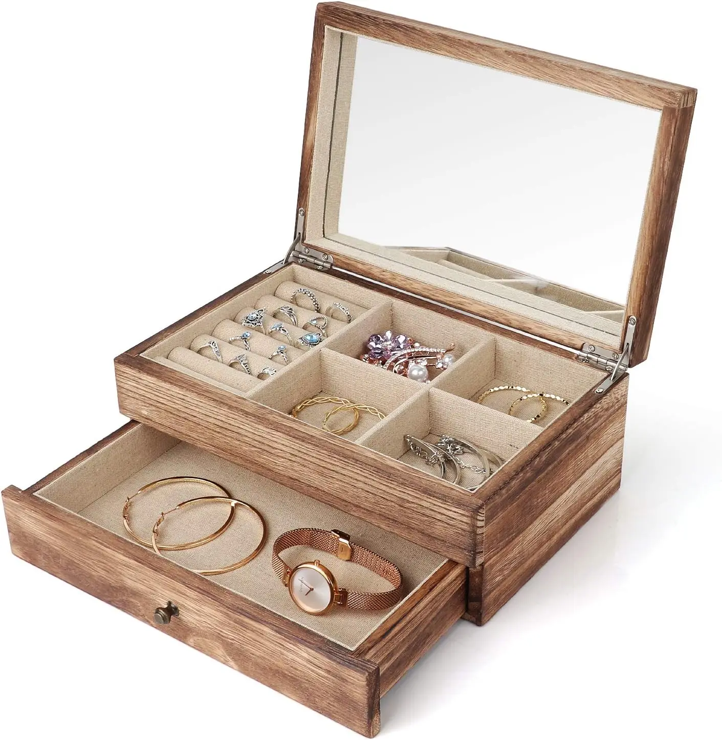Wooden Jewelry Box Organizer Women 2 Layer Large Jewellery Storage Case Rustic with Mirror Ring Tray Necklace Earring Vintage