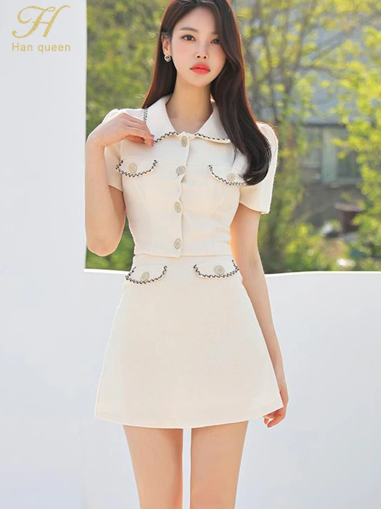 H Han Queen Fashion Professional 2 Pieces Set Women Short Sleeve Tops + Contrast Color A-Line Skirts Casual Simple Skirts Suits