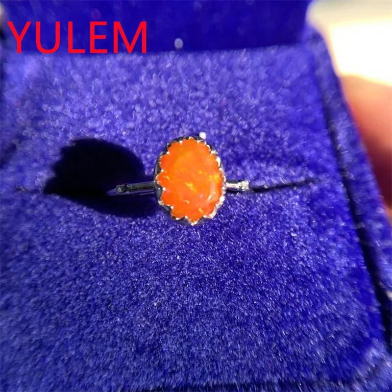 YULEM High Quality Oval Cut 6x8mm Mexico Orange Engagement Ring Sterling Silver Natural Opal Promise Ring for Women