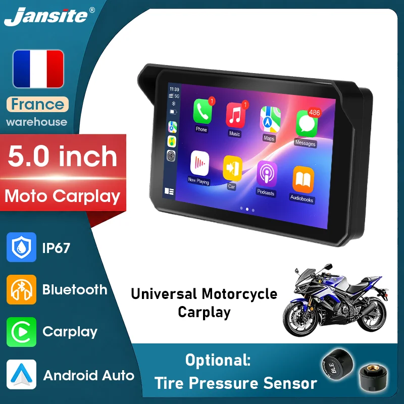 Jansite 5'' Carplay Moto Android Auto Schermo IPS Impermeabile IP67 Navigazione GPS Doppio Bluetooth 5.0 Monitor Digitale Portatile per Cruscotto Moto Supporto Interfono Casco Accessori Moto