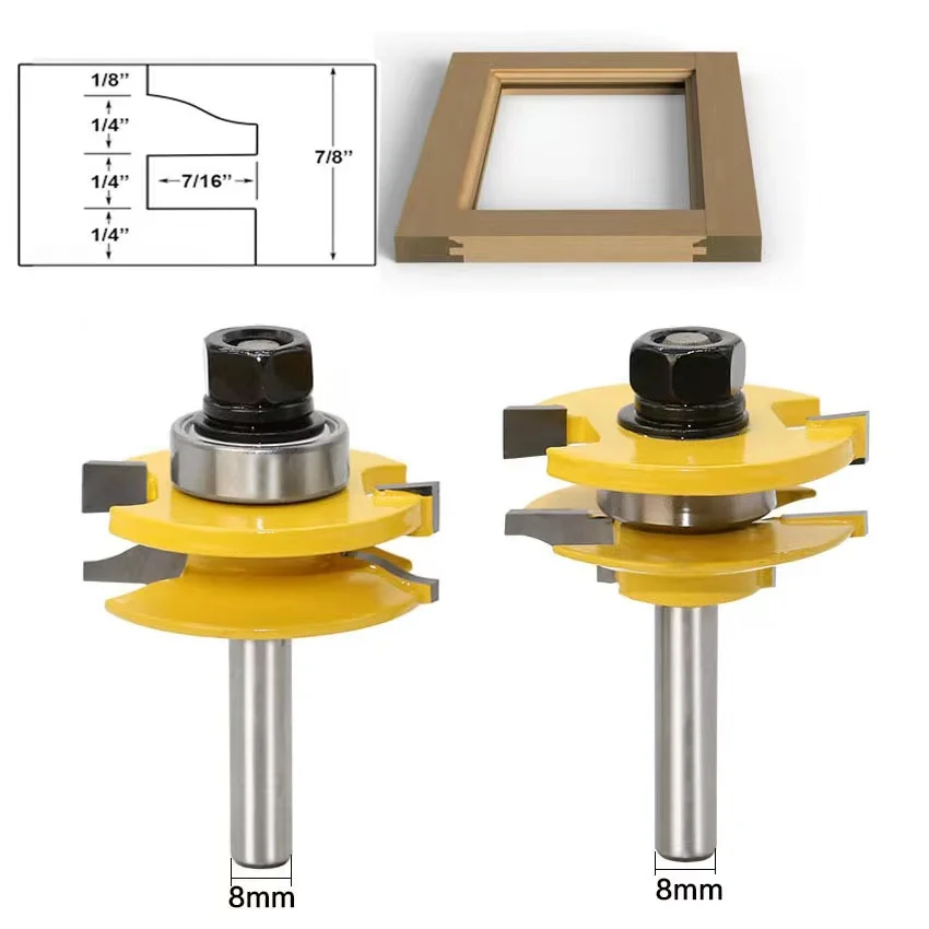 L-N003 8# 2 Bits Rail & Stile Router Bit Set  Bevel -1/2" 8mm Shank Door Knife Woodworking Cutter Tenon Cutter