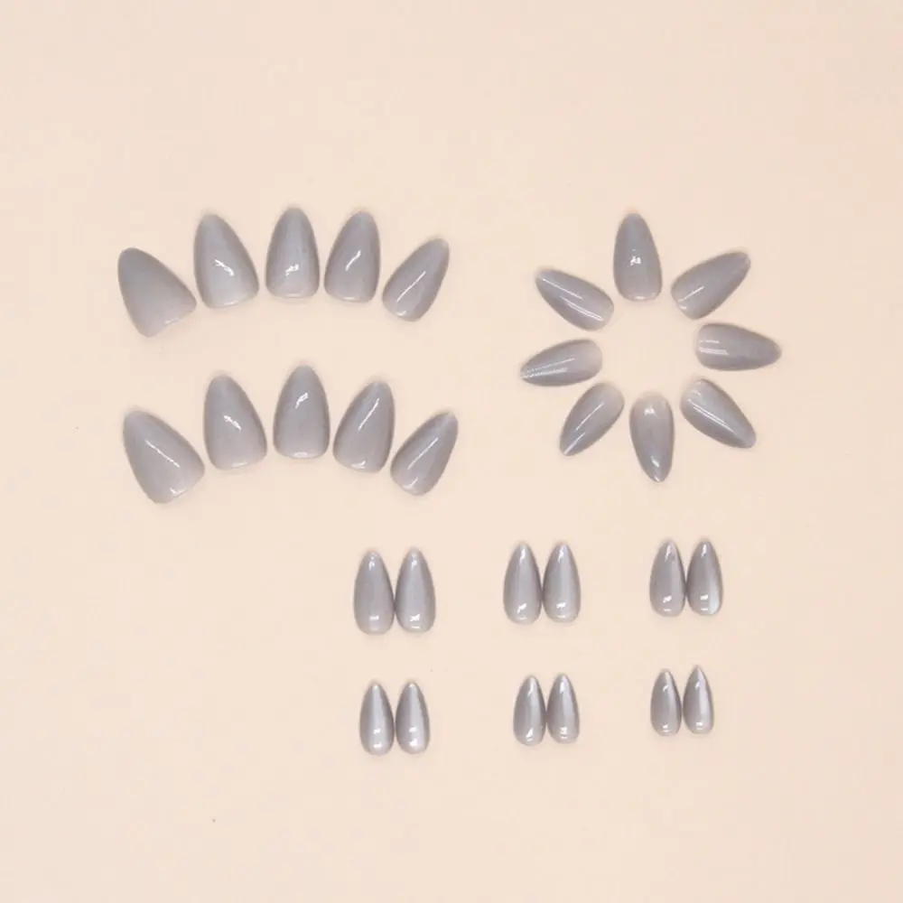 Manicure Long Oval False Nails Grey Cat Eye French Press on Nails Pure Color Detachable Fake Nials DIY