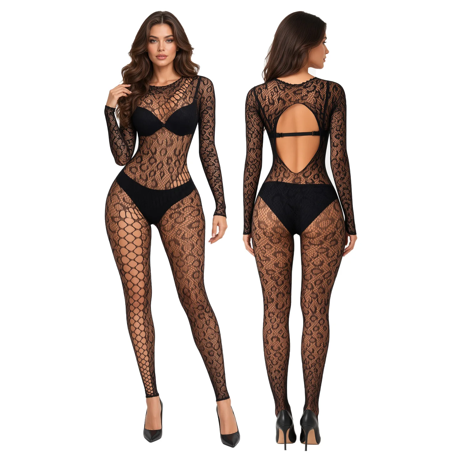 Leopard Body Suit Fishnet Sexy Body Stockings Black Jumpsuit Bottom Shirt Women Hollowed Out One-piece Plus Size Lingerie