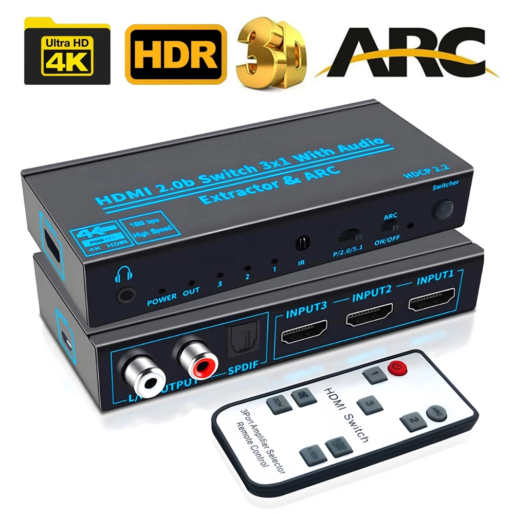 3 Port HD-MI 2.0 Audio Extractor For PS5 4K 60Hz HD-MI2.0b HD-MI ARC Switch With Audio Toslink Stereo HDCP 2.2 4K60Hz