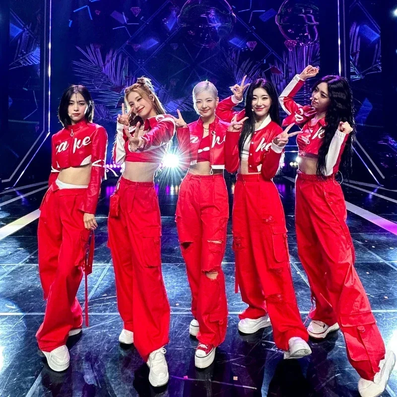 Kpop menina grupo jazz dança traje roupas sexy vermelho zíper jaquetas em linha reta calças de perna larga roupas desempenho coreano palco wear