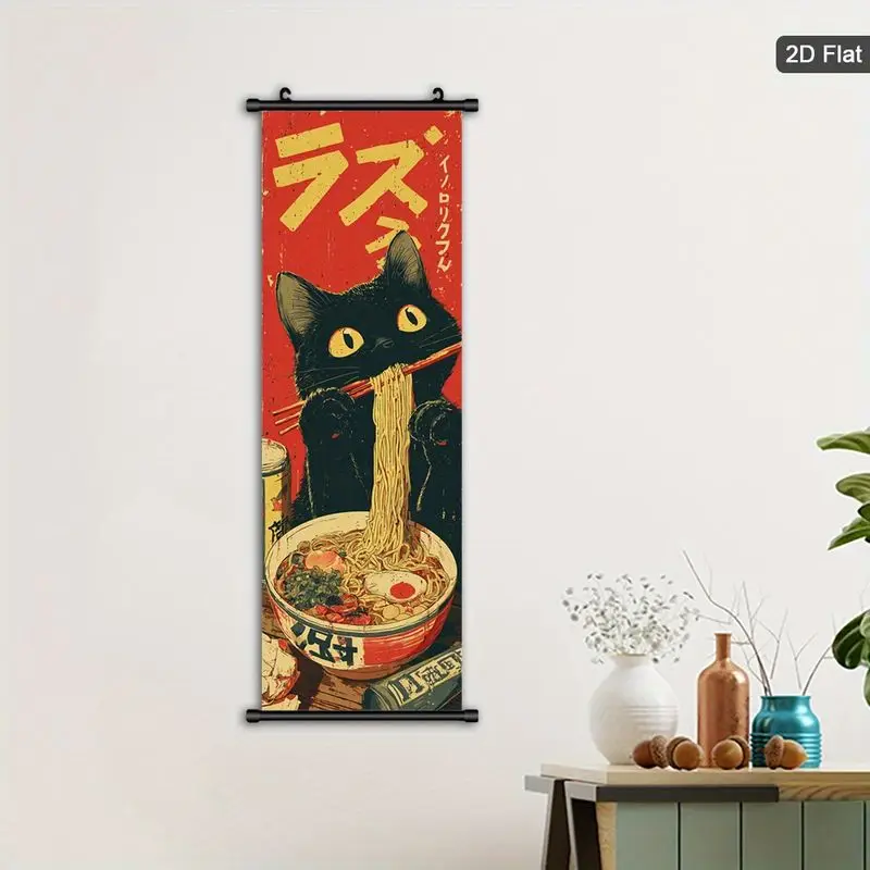VIKAMA Black Cat Ramen Wall Hanging Japanese Scroll Kawaii Art For Bedroom Kitchen Aesthetic Background Home Decor