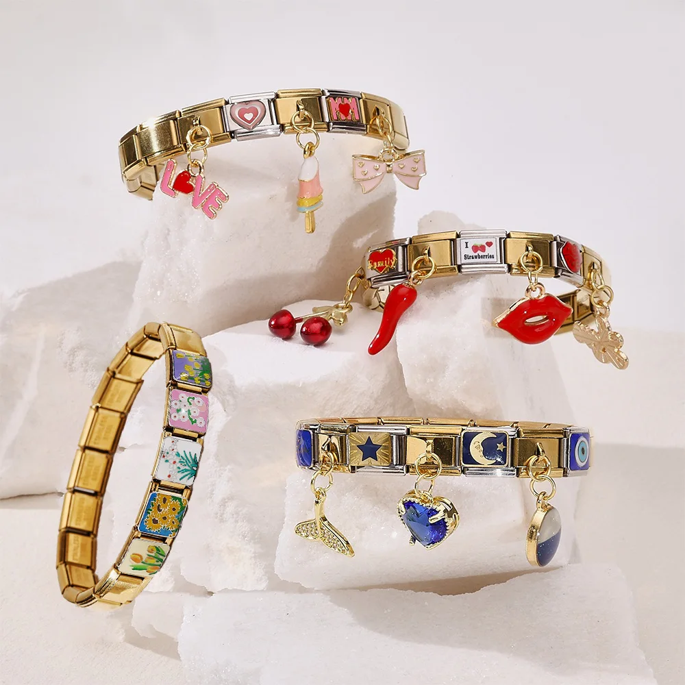 Estrella, Luna, corazón, beso, multielemento, abalorio italiano, conjunto de colgante artesanal, pulsera de acero inoxidable, regalo de joyería de moda para hombres y mujeres