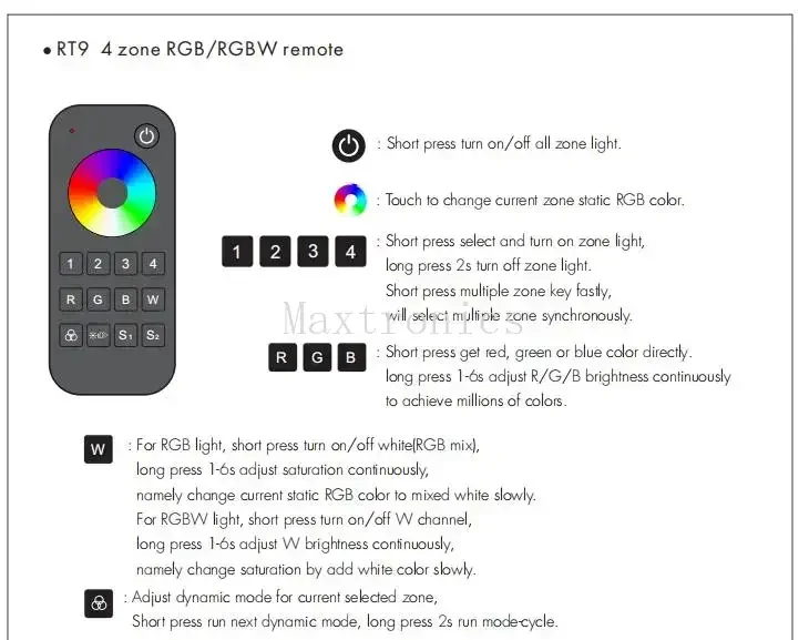 VP RT9 Remote LED RF Controller 4 Channel RGBW /RGB/CCT/Dimming 12V-24V DC Constant Voltage 4 in 1 2.4G RF Wireless Receiver