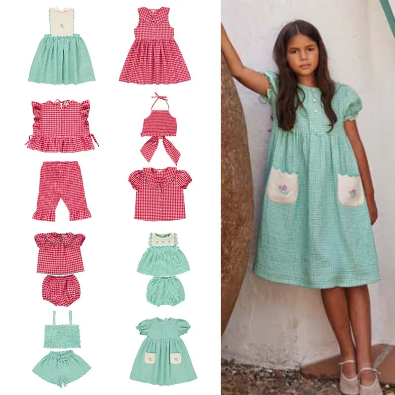 BEBE Set for Girls 2025 Summer New Children's Plaid Top Shorts Set Flower Short Sleeve Dress for Kids