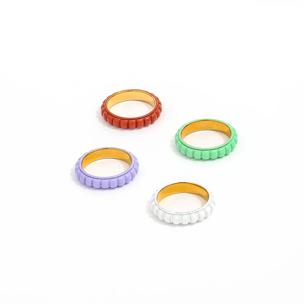 

Joolim Jewelry Wholesale High End PVD Waterproof&No Fade Permanent Fashion Multi-colored Bread Stainless Steel Ring for Women