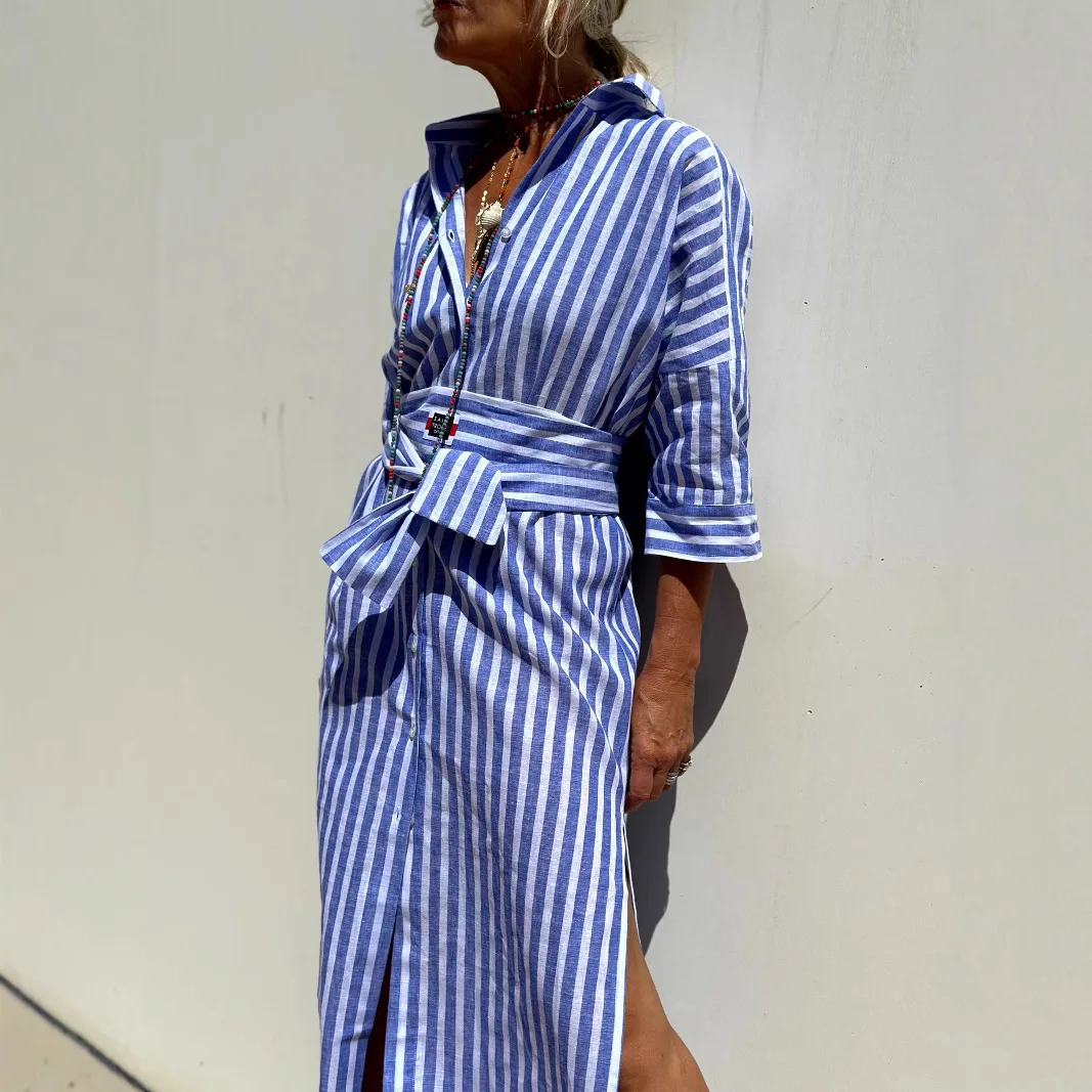 

Fall Five-Quarter Sve Striped Split irt Dr Women's Regular Thin Polyester Fabric Ladies Faion irt Dr