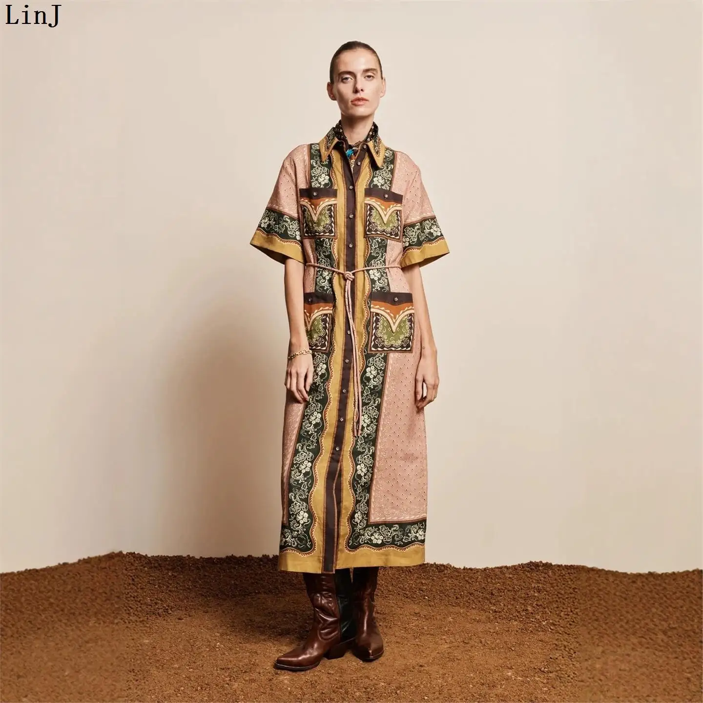 Women's Holiday Print Shirt Collar Open Cardigan Dress Short Sleeve Polyester Fashion Set Single Piece Chinese Brand Workwear