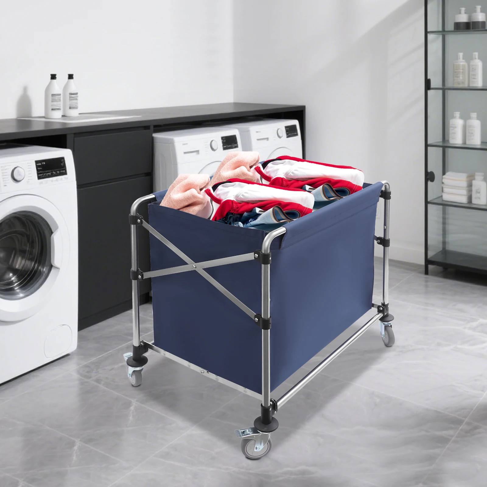 Commercial Laundry Cart with Wheels,Large Capacity Stainless Laundry Basket,Laundry Sorter for Clothes Storage,220 lbs Load,Blue