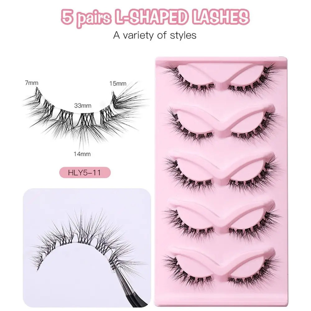5 Pair 3D L Curl False Eyelashes Eye Tail Lengthening Full Strip Cat Eye Fake Lashes Long Winged Clear Stem Faux Mink Lashes