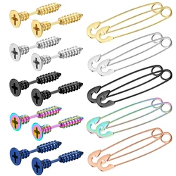 1 Pair 16G Stainless Steel Men Unisex Stud Earrings Punk Goth Hip Hop Style Spike Cross Screws Safety Pin Hoop Earrings Set