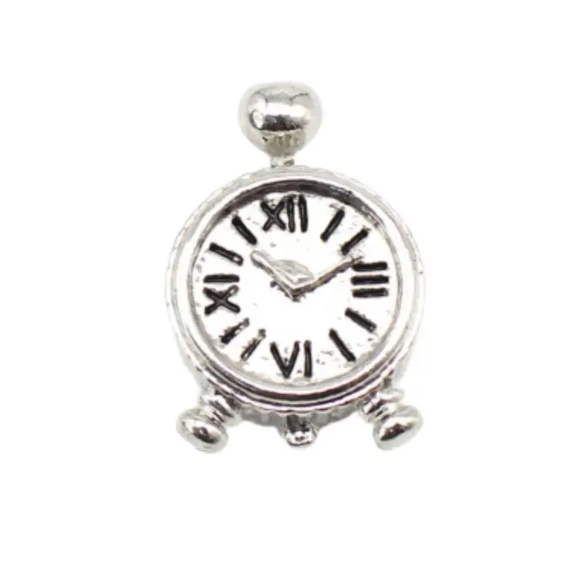 Vintage Mini Clock Replica Dollhouse Furniture Silvertone Roman Numeral Design for Miniature Room Decor and Doll House Supplies