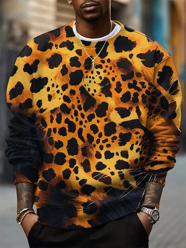 Fashion Leopard Gradient 3D Pattern Men's Sweatshirts Long Sleeve Print T-Shirt Loose round-neck sweatshirt  Men's Clothing Tops