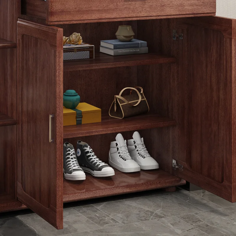 

Solid wood shoe cabinet, entrance cabinet new Chinese double-sided light walnut entrance living room partition