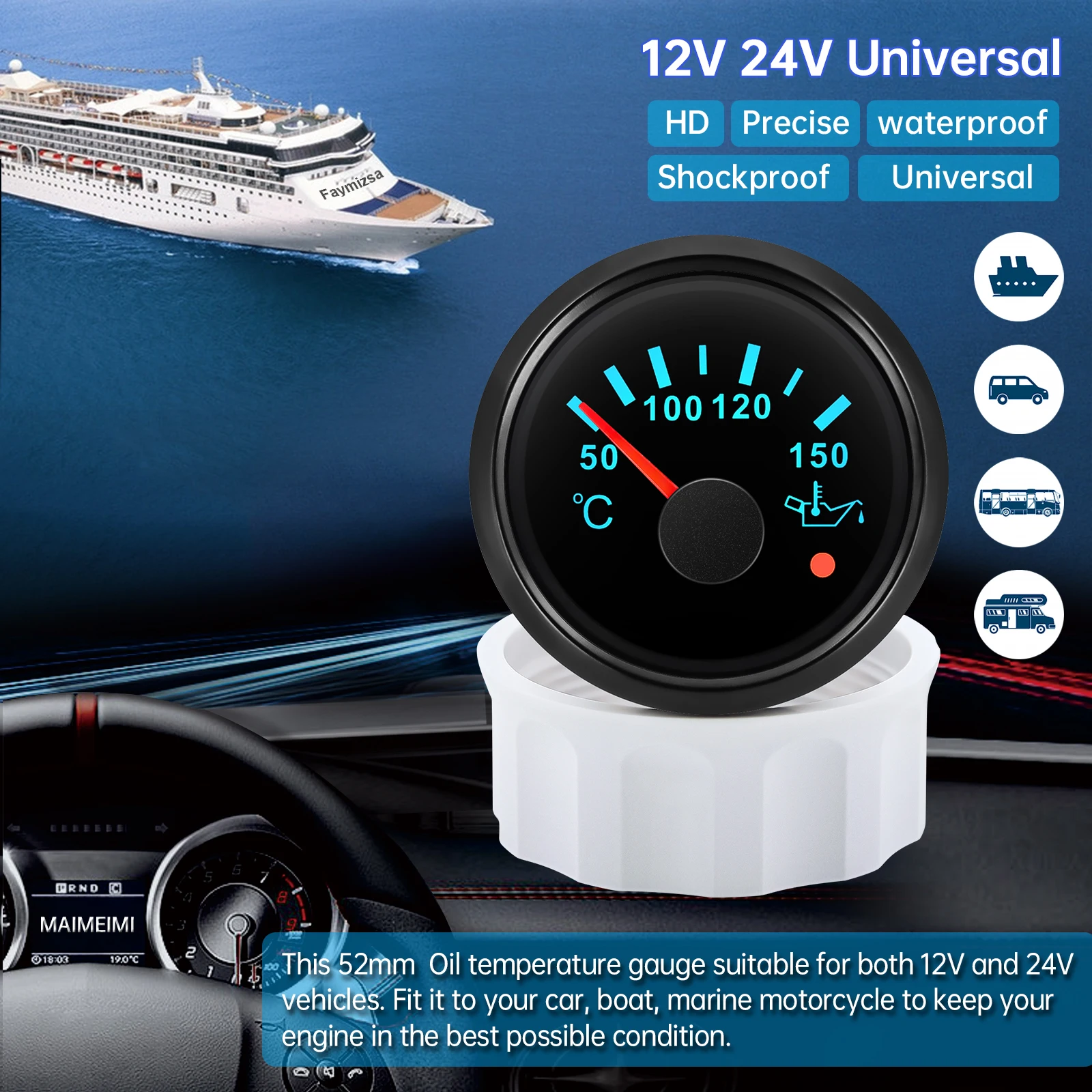Marine 50-150℃ 52mm Oil Temperture Gauge with Alarm 7 Color Backlight Oil Temp Meter Indicator Waterproof Boat Yacht Car 9-32V
