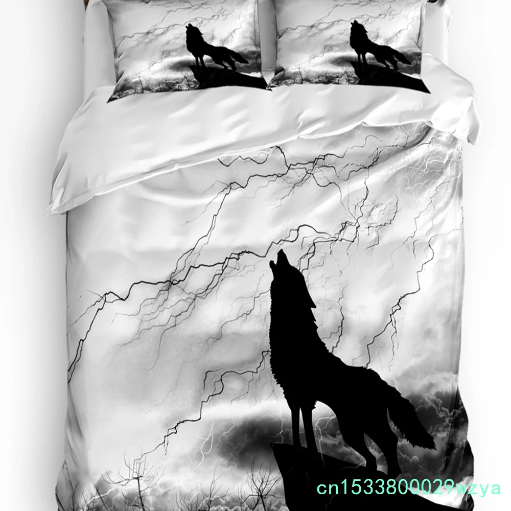 Black Wolf Night Lightning Wild Animal Bedding Set 3pcs Duvet Cover Pillowcase Quilt Cover Double Bed Set Home Textile